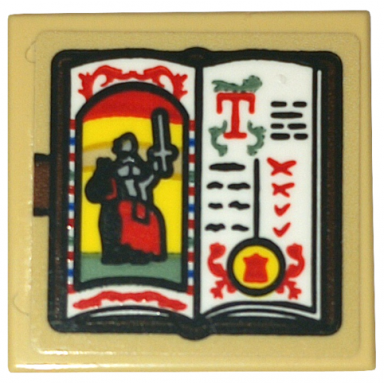 tan tile 2 x 2 with black open book white pages knight on horse and red and black text pattern sticker - set 10332