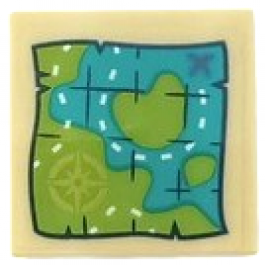 tan tile 2 x 2 with lime and dark turquoise map with compass and x pattern sticker - set 41410