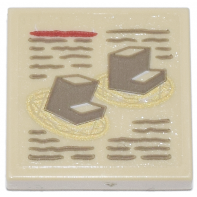 tan tile 2 x 2 with minifigure feet on gold magic energy mandalas and dark tan and red text pattern sticker - set 76218