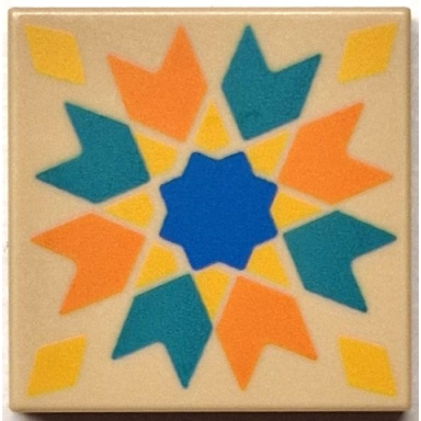 tan tile 2 x 2 with orange and dark turquoise chevrons yellow diamonds blue star pattern