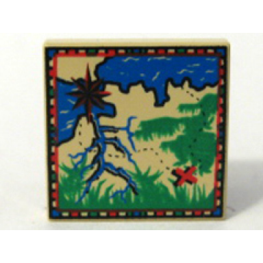 tan tile 2 x 2 with map with blue water green grass tan land red letter x treasure marker compass rose pattern