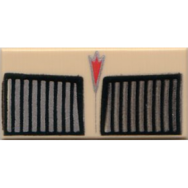 tan tile 1 x 2 with black and silver car grille red arrow logo pattern