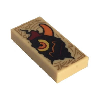 tan tile 1 x 2 with dark tan markings and black monster head with yellow eye and orange horn pattern nexo knights book of evil