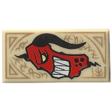 tan tile 1 x 2 with dark tan markings and red monster head with white sharp teeth and black horn pattern nexo knights book of monsters