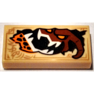 tan tile 1 x 2 with dark tan markings and reddish brown monster head with white sharp teeth and orange eyes pattern nexo knights book of destruction