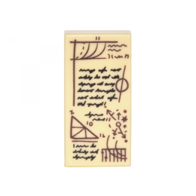 tan tile 1 x 2 with reddish brown diagrams and black script writing pattern