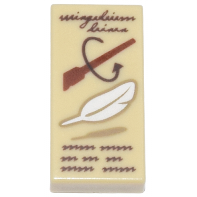 tan tile 1 x 2 with dark brown script wingardium leviosa and scribbles reddish brown wand white feather pattern
