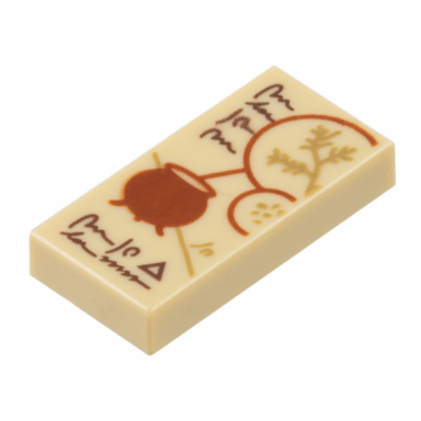 tan tile 1 x 2 with dark brown text dark orange cauldron and dark tan spell ingredients pattern