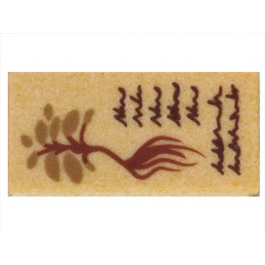 tan tile 1 x 2 with reddish brown text and plant pattern