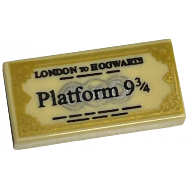 tan tile 1 x 2 with black london to hogwarts and platform 9 3 4 train ticket with gold edges pattern