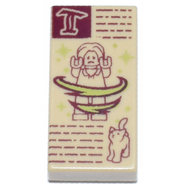 tan tile 1 x 2 with dark red minifigure stylized capital letter t scribbles and cat lime sparkles and swirls pattern