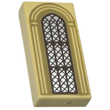 tan tile 1 x 2 with silver arched window with dark brown lattice and dark tan arches pattern