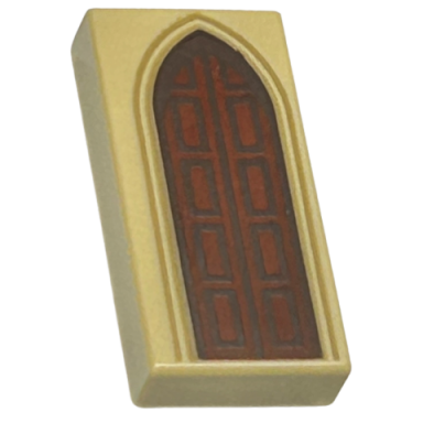 tan tile 1 x 2 with reddish brown door with dark brown edges and rectangles and dark tan arch pattern
