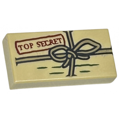 tan tile 1 x 2 with package with dark red top secret stamp dark green lines and dark tan string with bow pattern