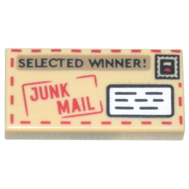 tan tile 1 x 2 with red junk mail and black selected winner! pattern mail envelope with stamp and address