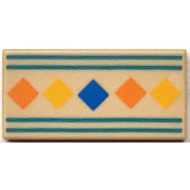 tan tile 1 x 2 with orange yellow and blue squares dark turquoise border lines pattern