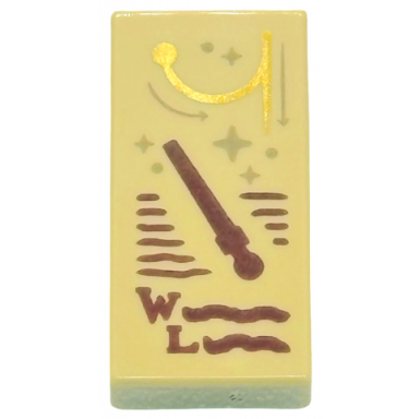 tan tile 1 x 2 with reddish brown wand capital letter w l and wingardium leviosa spell scribbles dark tan sparkles and arrows gold swish and flick pattern