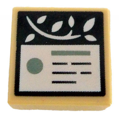 tan tile 1 x 1 with white vine and information plaque with sand green bar and dot and writing lines on dark green background pattern