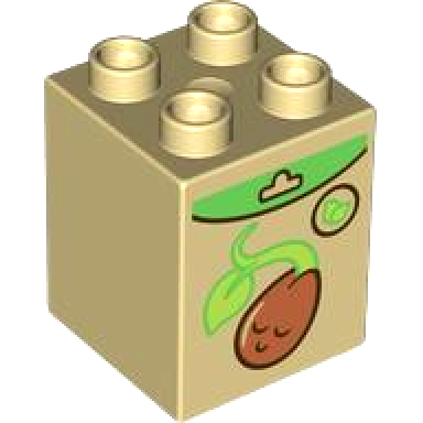 tan duplo brick 2 x 2 x 2 with seed packet with reddish brown seedling green and lime leaves pattern