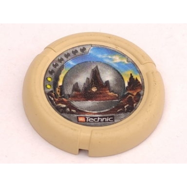 tan throwing disk with throwbot granite slizer rock 2 pips lego technic logo and rock silhouette emblem pattern
