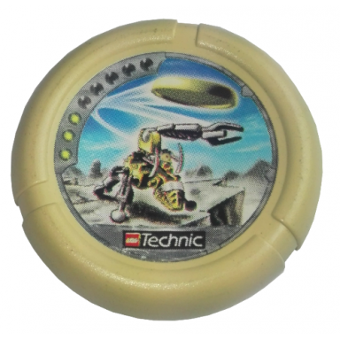 tan throwing disk with throwbot granite slizer rock 3 pips lego technic logo and robot throwing disk pattern