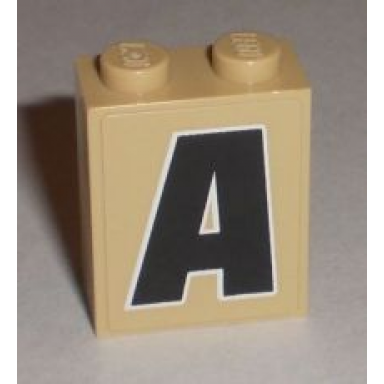 tan brick 1 x 2 x 2 with inside stud holder with black capital letter a with white outline pattern sticker - set 8211