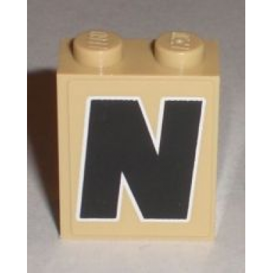 tan brick 1 x 2 x 2 with inside stud holder with black capital letter n with white outline pattern sticker - set 8211