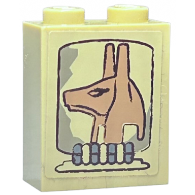 tan brick 1 x 2 x 2 with inside stud holder with anubis head pattern sticker - set 7327