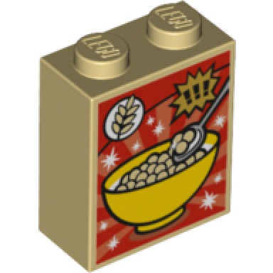 tan brick 1 x 2 x 2 with inside stud holder with bowl wheat spoon and exclamation marks cereal box pattern