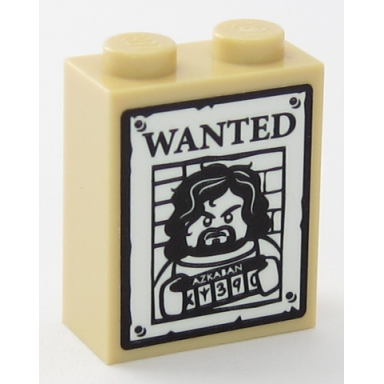 tan brick 1 x 2 x 2 with inside stud holder with sirius black minifigure on wanted poster pattern sticker - set 75955