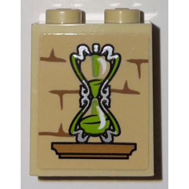 tan brick 1 x 2 x 2 with inside stud holder with medium nougat shelf and mortar lime and silver hourglass pattern sticker - set 75969