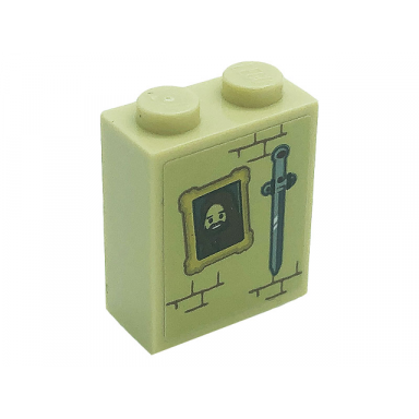 tan brick 1 x 2 x 2 with inside stud holder with sword portrait picture and bricks pattern sticker - set 71043