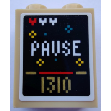 tan brick 1 x 2 x 2 with inside stud holder with pixelated video game screen with pause and 1310 pattern sticker - set 80012