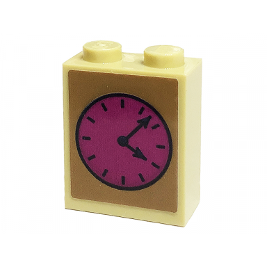 tan brick 1 x 2 x 2 with inside stud holder with magenta clock face pattern sticker - set 41449