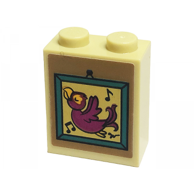 tan brick 1 x 2 x 2 with inside stud holder with picture frame with music notes and magenta bird pattern sticker - set 41449
