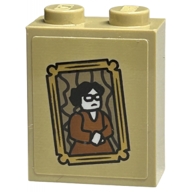 tan brick 1 x 2 x 2 with inside stud holder with picture of woman in glasses and dark orange dress in gold frame pattern sticker - set 40577