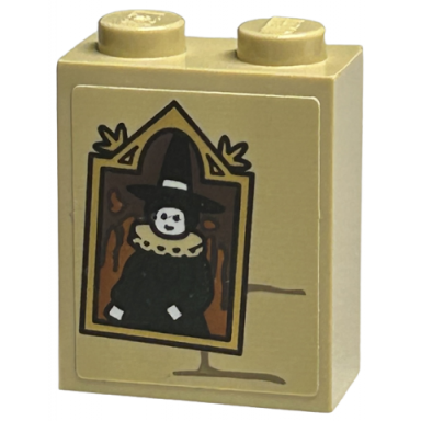 tan brick 1 x 2 x 2 with inside stud holder with picture of wizard with neck ruff in gold frame bricks and dark tan mortar pattern sticker - set 40577