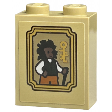 tan brick 1 x 2 x 2 with inside stud holder with picture of man with staff and symbol in gold frame pattern sticker - set 40577