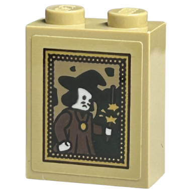 tan brick 1 x 2 x 2 with inside stud holder with picture of wizard with medallion wand and stars in gold frame pattern sticker - set 40577