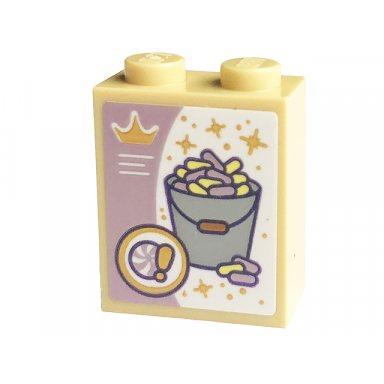 tan brick 1 x 2 x 2 with inside stud holder with gold stars and crown and light bluish gray bucket with horse treats pattern sticker - set 43195