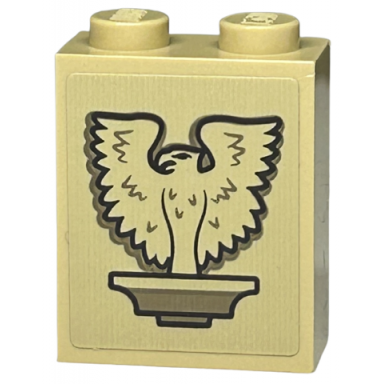 tan brick 1 x 2 x 2 with inside stud holder with phoenix bird gargoyle with dark tan feathers and spread wings pattern sticker - set 76413