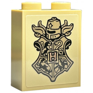 tan brick 1 x 2 x 2 with inside stud holder with copper capital letter h dark tan hogwarts crest helmet and plume feathers pattern sticker - set 76415