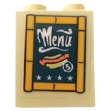 tan brick 1 x 2 x 2 with inside stud holder with white menu stars hot dog and number 3 on dark blue background in bamboo frame pattern sticker - set 41413
