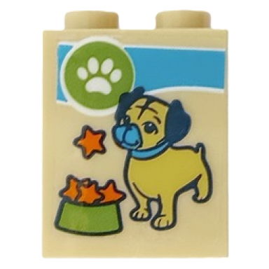 tan brick 1 x 2 x 2 with inside stud holder with pug dog orange stars lime bowl and white paw print in circle pattern sticker - set 41664