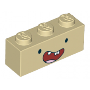tan brick 1 x 3 with face black eyes wide open red smile with 3 teeth with gap and tongue pattern finn