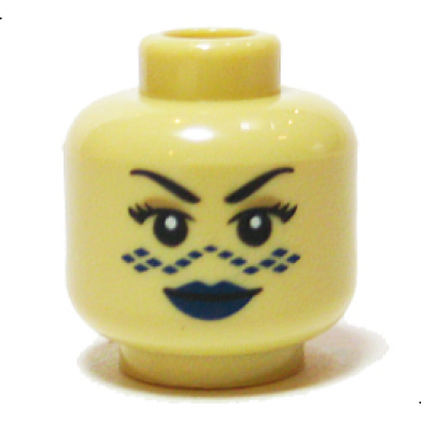 tan minifigure head female black eyebrows eyelashes dark tan eye shadow dark blue lips and markings grin pattern