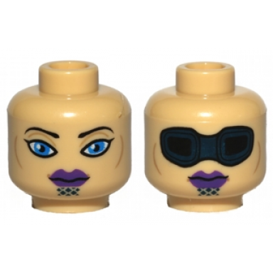 tan minifigure head dual sided alien with black thin eyebrows single eyelashes large blue eyes dark blue chin markings dark purple lips neutral protective eye mask pattern