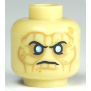 tan minifigure head alien with bright light blue eyes dark tan eye shadow and wrinkles stern pattern