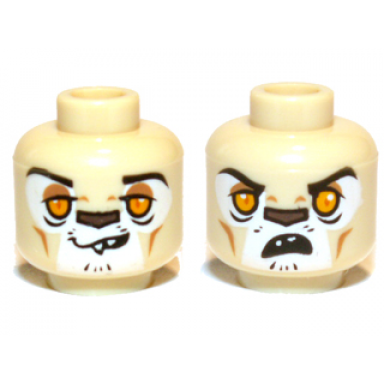 tan minifigure head dual sided alien lion with black eyebrows bright light orange eyes medium nougat eye shadow and cheek lines dark brown nose lopsided grin with sharp top teeth surprised open mouth pattern