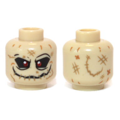 tan minifigure head alien with red eyes and stitched mouth pattern scarecrow